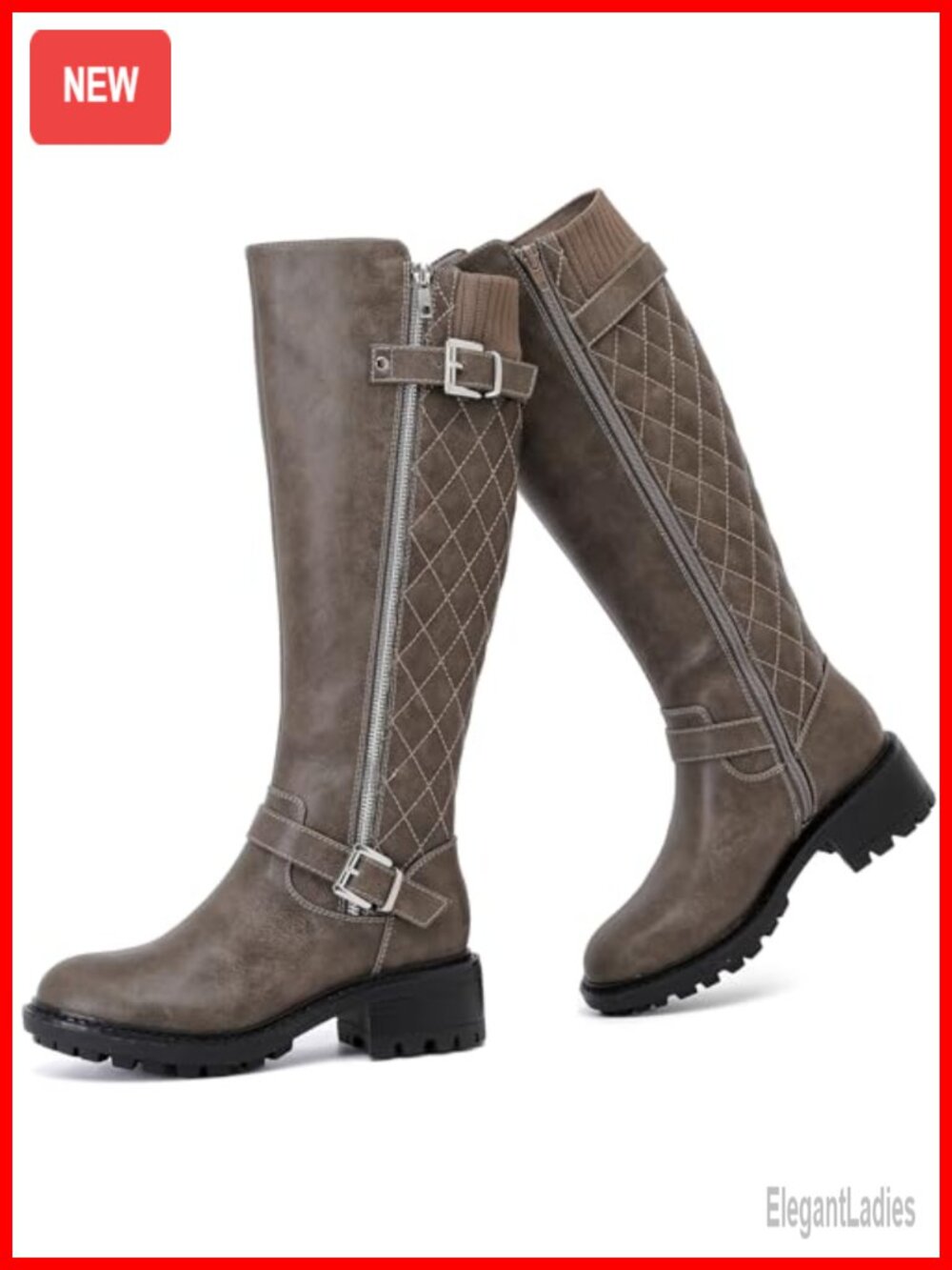 Faux Leather Knee-High Boots Moto Buckle Platform